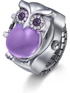 Unisex Purple Analog Quartz Stylish Owl Flip-Open Cover Adjustable Ring Watch